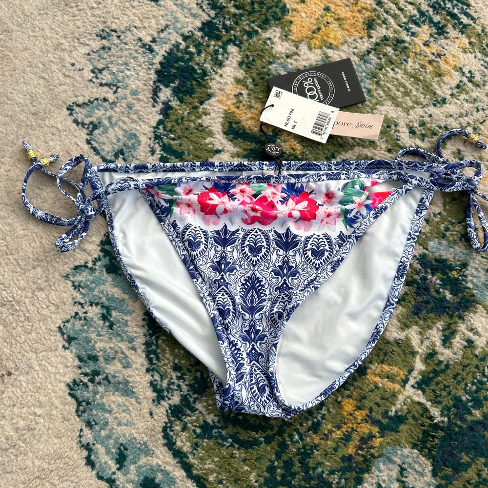NEW Nanette Lepore women’s swim bikini bottom blue white damask floral tie sides